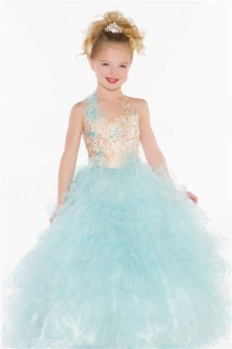 Ball Princess Halter Light Blue Puffy Tulle Beaded Flower Girl Pageant Prom Dress