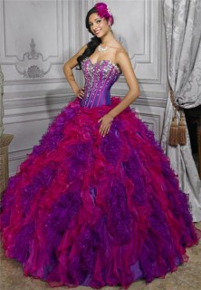 Beautiful Ball Gown Red Purple Organza Quinceanera Dress With Beading Ruffles