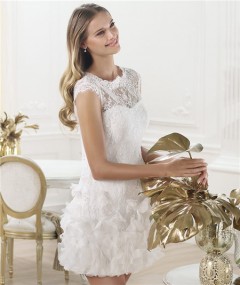 Casual Informal Illusion Neckline Short Mini Lace Wedding Dress With Flowers Buttons