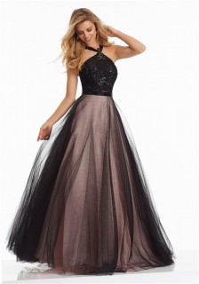Charming A Line Halter Long Black Tulle Lace Beaded Prom Dress