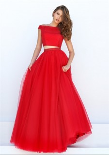 Charming A Line Off The Shoulder Two Piece Red Tulle Pearl Beaded Prom Dress