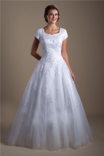 Classic A Line Corset Back Tulle Lace Modest Wedding Dress With Sleeves