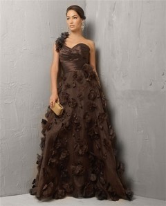 Classic A Line One Shoulder Long Chocolate Brown Tulle Evening Dress With Flowers