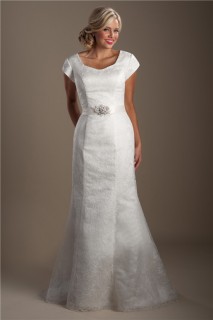 Classic Mermaid Cap Sleeve Lace Modest Wedding Dress With Crystals Sash