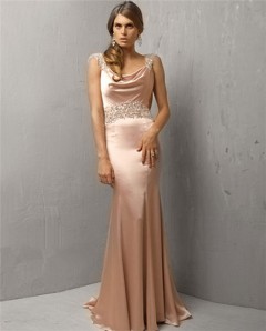 Classic Mermaid Long Peach Pink Silk Beaded Evening Dress With Low Back