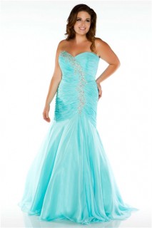 Elegant Mermaid Sweetheart Long Aqua Blue Chiffon Beaded Plus Size Prom Dress