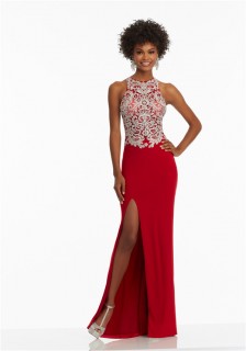Fitted High Neck Long Red Jersey Embroidery Prom Dress With Slit