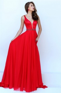 Flowing A Line Plunging Neckline Long Red Chiffon Beaded Prom Dress