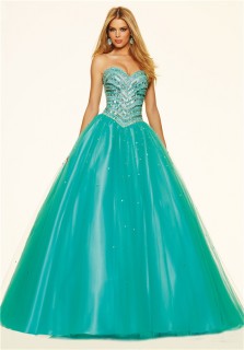 Gorgeous Ball Gown Drop Waist Turquoise Tulle Beaded Prom Dress Corset Back