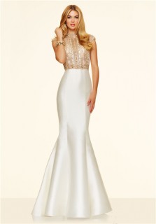 Gorgeous Mermaid High Neck Cap Sleeve White Taffeta Gold Beaded Prom Dress Open Back