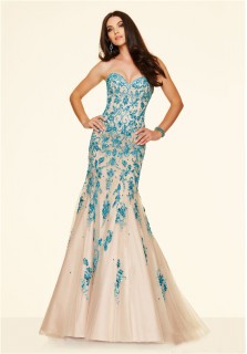 Gorgeous Mermaid Strapless Corset Champagne Tulle Blue Embroidery Beaded Prom Dress
