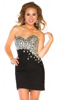 Gorgeous Strapless Short/ Mini Black Chiffon Ruched Beaded Homecoming Prom Dress