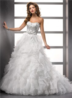 Luxurious Ball Gown Strapless Organza Ruffle Wedding Dress With Beading Swarovski Crystal
