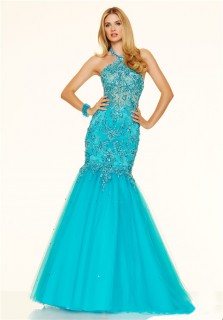 Mermaid Halter Backless See Through Turquoise Tulle Lace Beaded Prom Dress