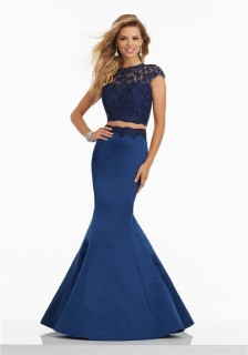 Mermaid High Neck Cap Sleeve Two Piece Navy Satin Embroidery Prom Dress Lace Up Back