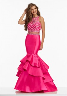 Mermaid High Neck Two Piece Hot Pink Satin Ruffle Beaded Prom Dress