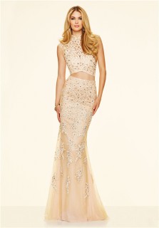Mermaid High Neck Two Piece Long Champagne Lace Beaded Prom Dress With Collar