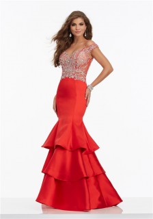 Mermaid Off The Shoulder Open Back Red Satin Rufffle Tiered Prom Dress