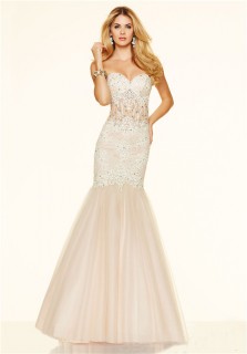 Mermaid Strapless Sweetheart See Through Champagne Tulle Lace Beaded Prom Dress