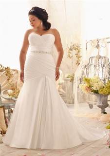 Mermaid Sweetheart Corset Back Ruched Satin Plus Size Wedding Dress With Pearls Sash