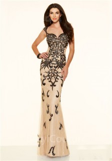 Mermaid Sweetheart Illusion Back Champagne Tulle Black Beaded Prom Dress With Straps