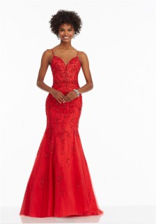 Mermaid Sweetheart Low Back Red Satin Tulle Beaded Prom Dress With Straps