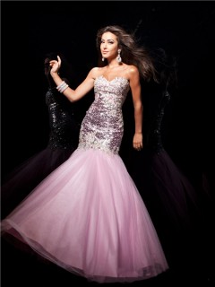 Mermaid/ Trumpet Sweetheart Long Pink Sequin Tulle Prom Dress With Beading