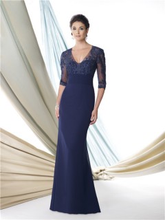 Mermaid V Neck Empire Navy Blue Chiffon Lace Sleeve Mother Of The Bride Evening Dress