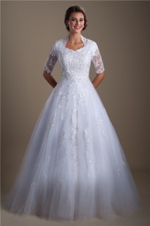 Modest A Line High Back Short Sleeve Lace Beaded Wedding Dress With Buttons