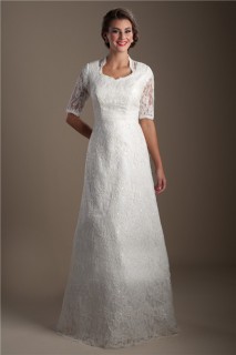 Modest A Line High Back Short Sleeve Lace Sparkly Wedding Dress