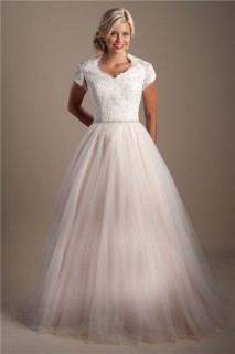 Modest A Line Queen Anne Neckline Tulle Lace Wedding Dress With Sleeves