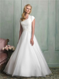 Modest A Line Scalloped Neck Cap Sleeve Lace Organza Wedding Dress With Sash Buttons