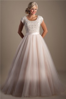 Modest A Line Scoop Neck Cap Sleeve Blush Pink Tulle Beaded Wedding Dress With Sash