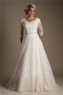 Modest A Line Scoop Neck Three Quarter Sleeve Lace Wedding Dress With Sash