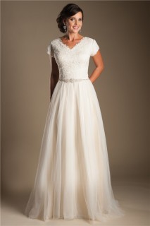 Modest A Line V Neck Champagne Tulle Lace Wedding Dress With Sleeves