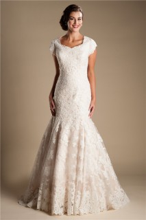 Modest Mermaid Cap Sleeve Champagne Color Lace Wedding Dress With Tiered Train