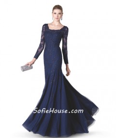 Modest Mermaid Scalloped Neck Long Sleeve Navy Blue Tulle Lace Beaded Evening Dress