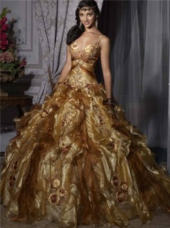Pretty Ball Gown Gold Organza Quinceanera Dress With Beading Flowers