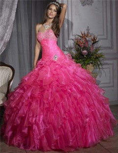 Pretty Ball Gown Hot Pink Organza Quinceanera Dress With Beading Ruffles