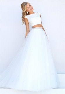Princess A Line Off The Shoulder Two Piece White Tulle Pearl Beaded Prom Dress