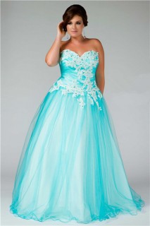 Princess Ball Gown Sweetheart Long Aqua Blue Tulle Lace Plus Size Prom Dress