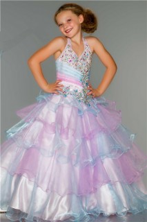 Princess Halter Aqua Pink Organza Tiered Ruffle Beaded Flower Girl Pageant Dress