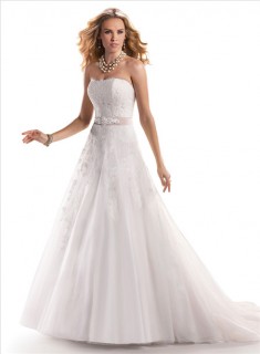 Romantic A Line Strapless Lace Wedding Dress With Detachable Ribbon Crystal Belt