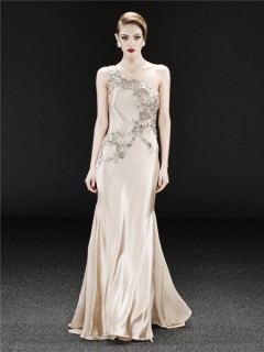 Royal One Shoulder Long Champagne Silk Beaded Crystal Evening Dress