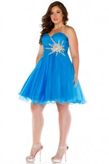 Sexy A Line Sweetheart Short Blue Tulle Beaded Plus Size Party Prom Dress