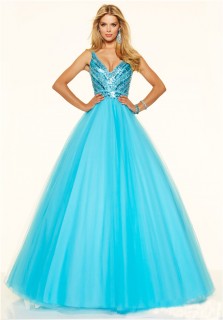 Sexy Ball Gown Deep V Neck Low Back Blue Tulle Beaded Sparkly Prom Dress