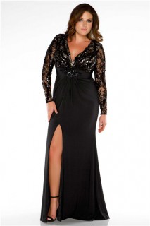 Sexy Cut Out Back Long Black Jersey Lace Plus Size Evening Prom Dress With Sleeves