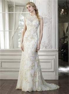 Sexy Mermaid High Neck Cap Sleeve Backless Champagne Lace Applique Wedding Dress