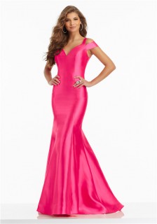 Sexy Off The Shoulder Open Back Hot Pink Satin Ruffle Prom Dress With Buttons