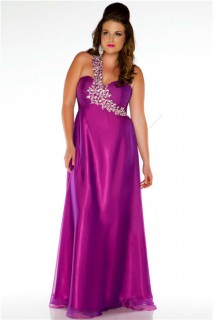 Sexy One Shoulder Long Purple Chiffon Beaded Plus Size Party Prom Dress